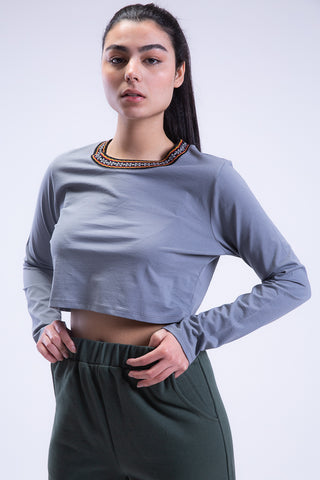 Long Sleeve Arabesque Jacquard Cropped Tee