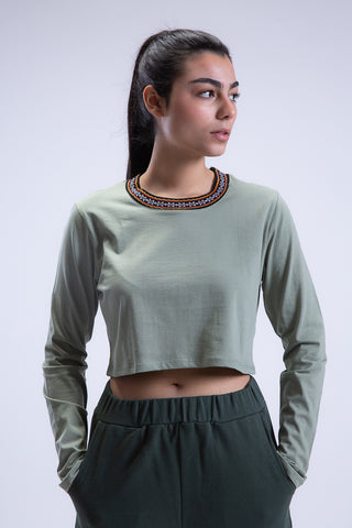 Long Sleeve Arabesque Jacquard Cropped Tee