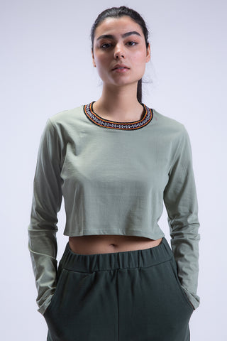 Long Sleeve Arabesque Jacquard Cropped Tee