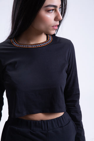 Long Sleeve Arabesque Jacquard Cropped Tee