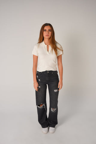 Preppy Fine-Knit Collar Detail Tee