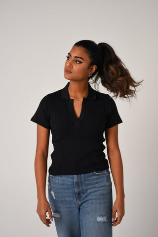 Preppy Fine-Knit Collar Detail Tee