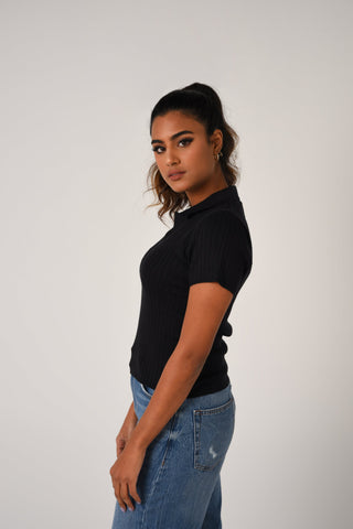 Preppy Fine-Knit Collar Detail Tee