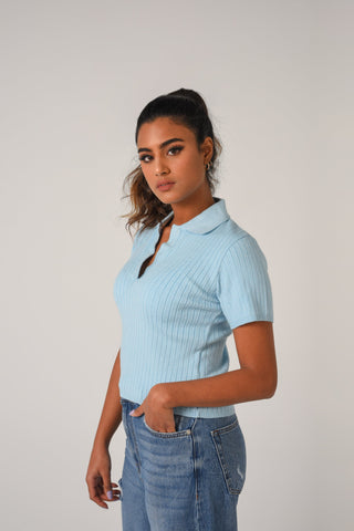 Preppy Fine-Knit Collar Detail Tee
