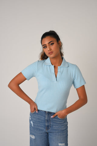 Preppy Fine-Knit Collar Detail Tee