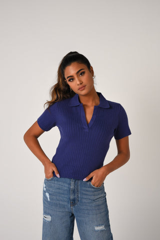 Preppy Fine-Knit Collar Detail Tee
