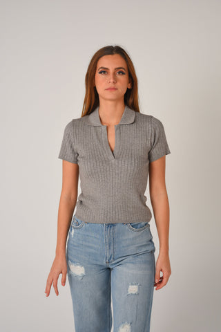 Preppy Fine-Knit Collar Detail Tee